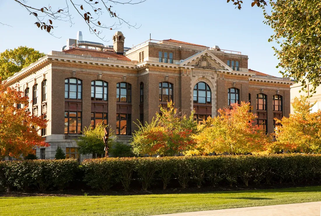 The exterior of Bowne Hall in the fall.